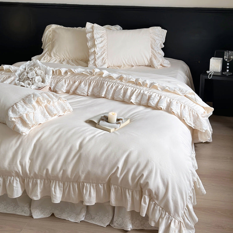 Vintage-inspired bedding set with ruffle trim and lace detailing