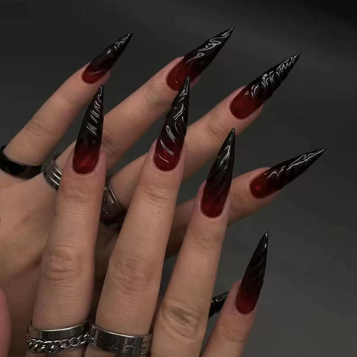 Acrylic Nail Set with Elegant Tips and Black-Red Gradient Color Kalsten