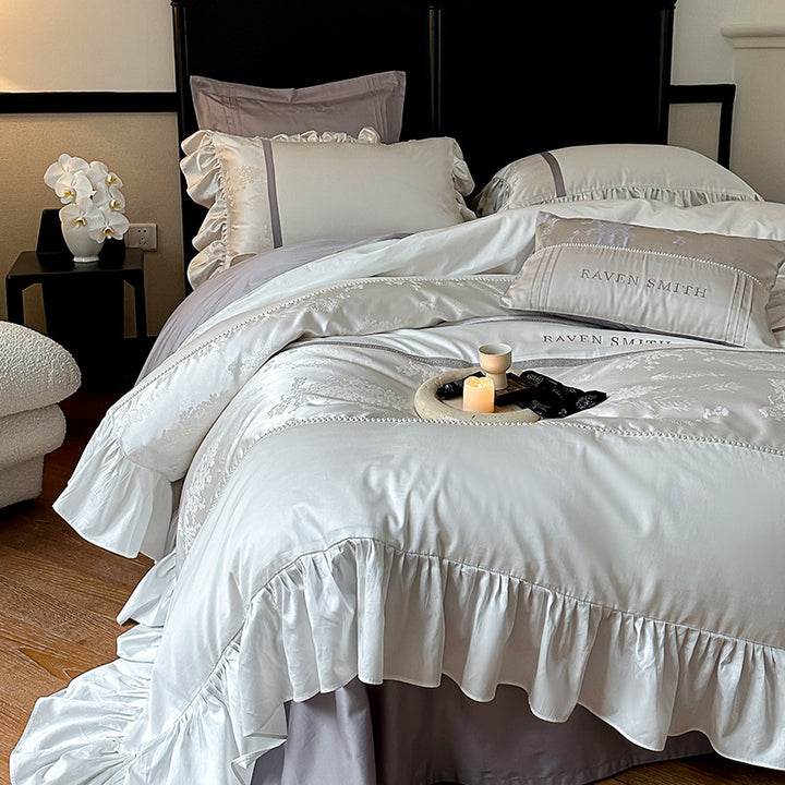 Elegant satin bed set with ruffled trim, fine jacquard and decorative pillow