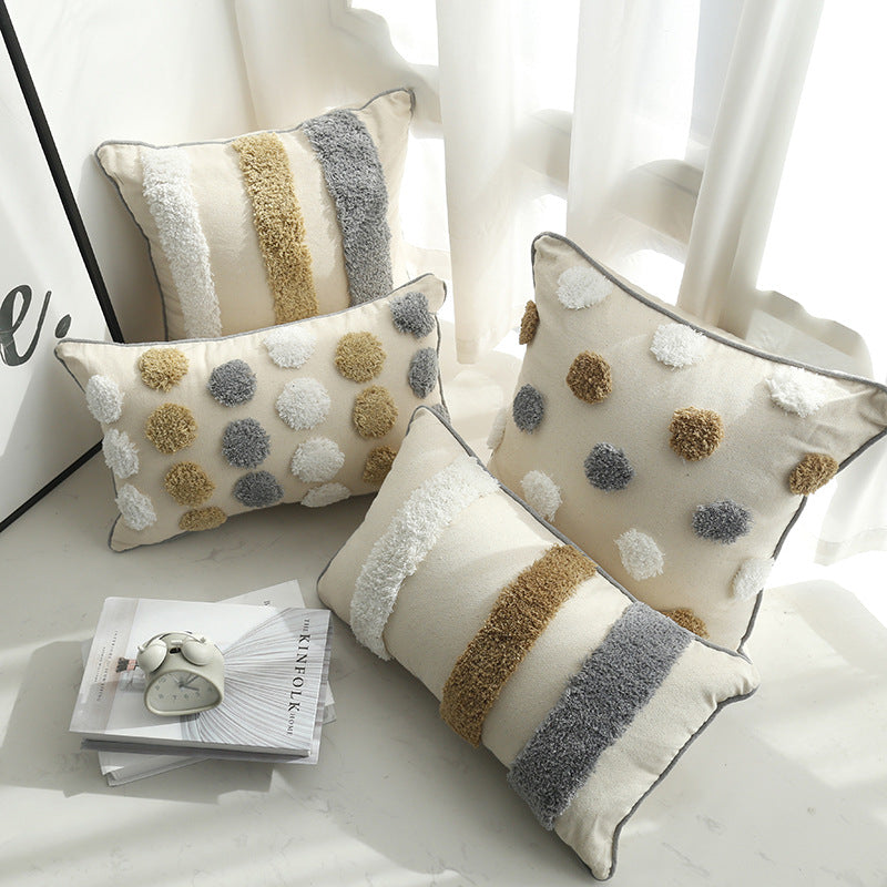 Tufted Polka Dot Textured Cotton Throw Pillow Cover with Pom-Pom Accents and Hidden Zipper