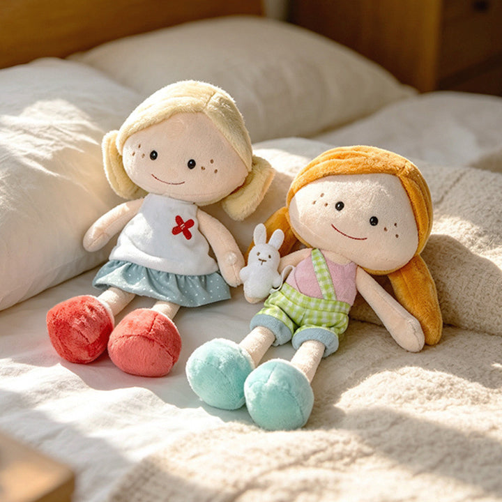 Soft Plush Doll with Embroidered Face, Star-Pattern Dress and Cuddly Pigtails Kalsten