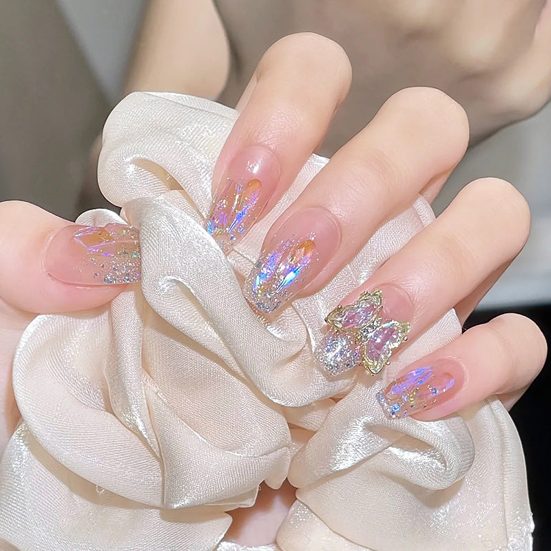Acrylic Nail Set with Glitter and 3D Butterfly Decorations Kalsten