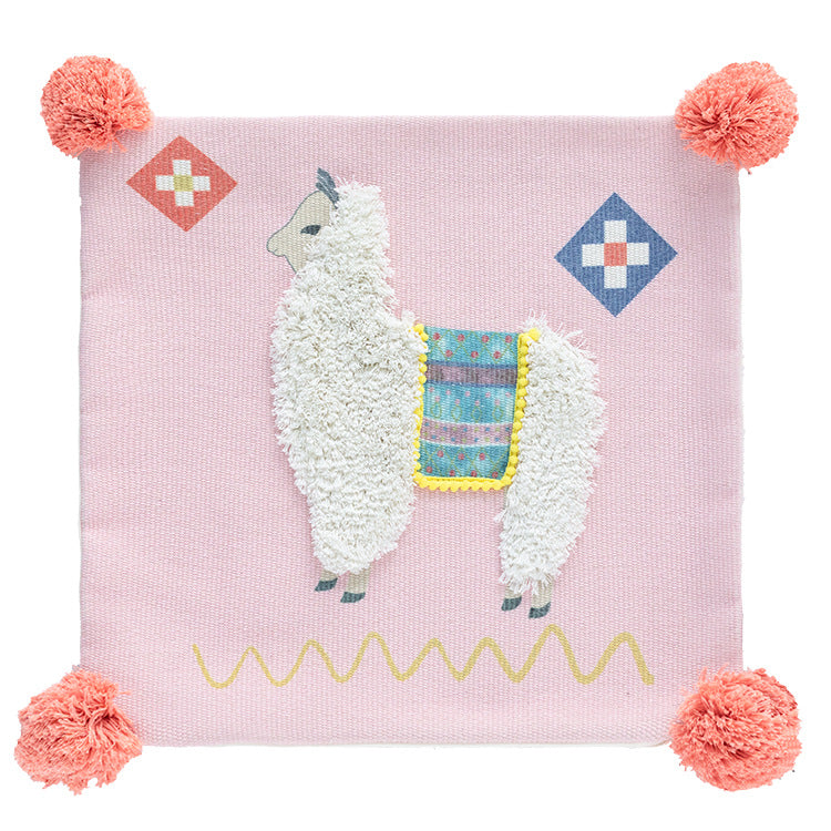 Square Boho decorative pillow with crocheted pom-pom and decorative corner tassels