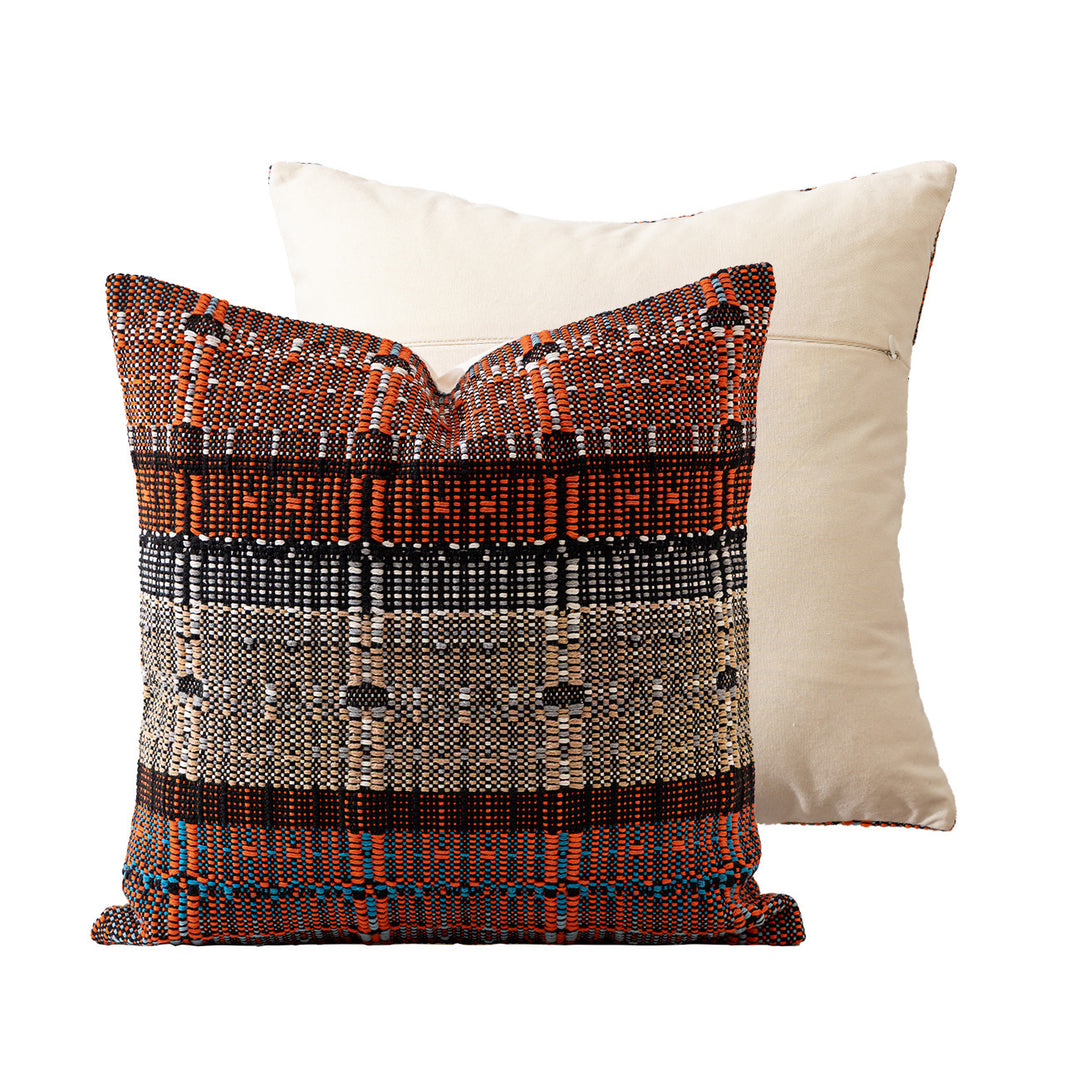 Square woven decorative pillow cover with textured block stripe weaving and concealed zipper
