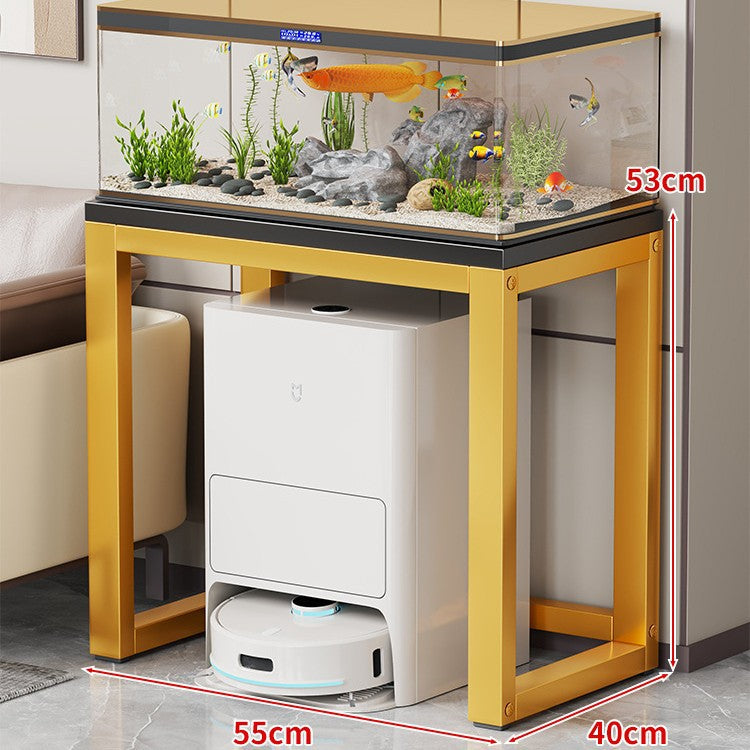 Gold Metal Aquarium Console Table with Faux Marble Top and Robot Vacuum Storage