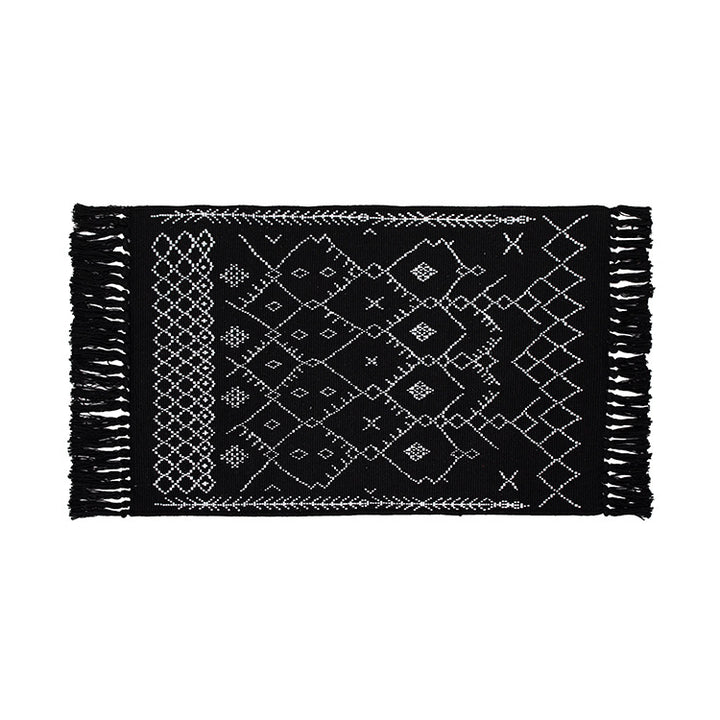 Woven cotton rug runner with flat weave structure, graphic diamond ethnic pattern and fringes