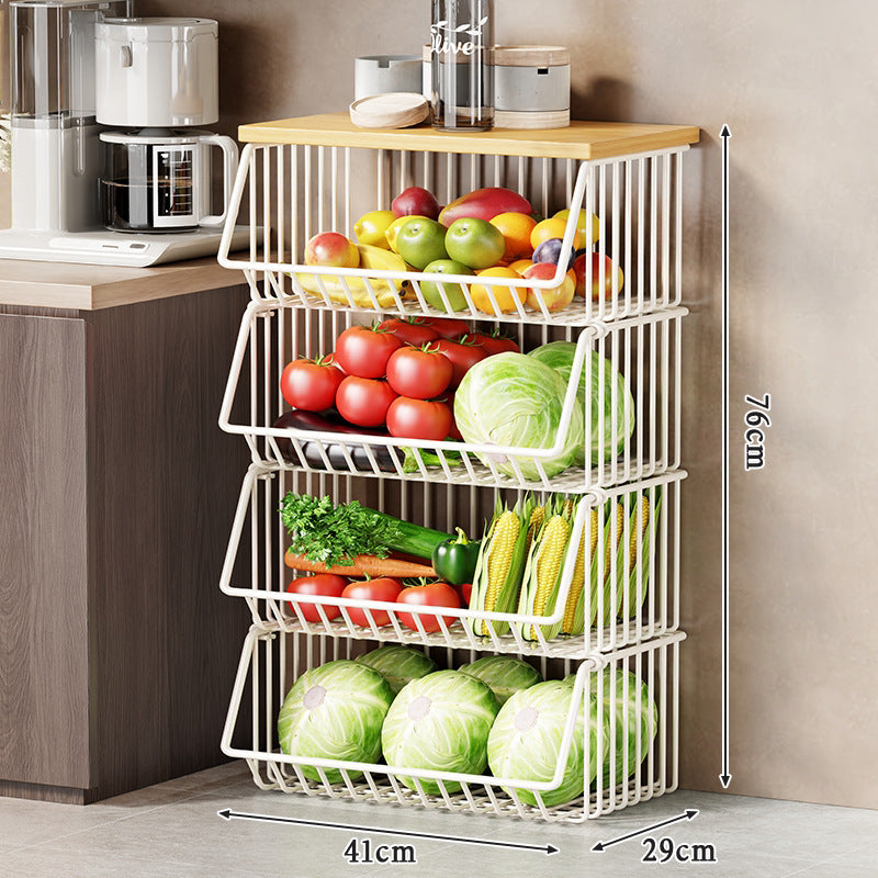 Multi-Tier Rolling Kitchen Fruit and Vegetable Storage Cart with Wood Top