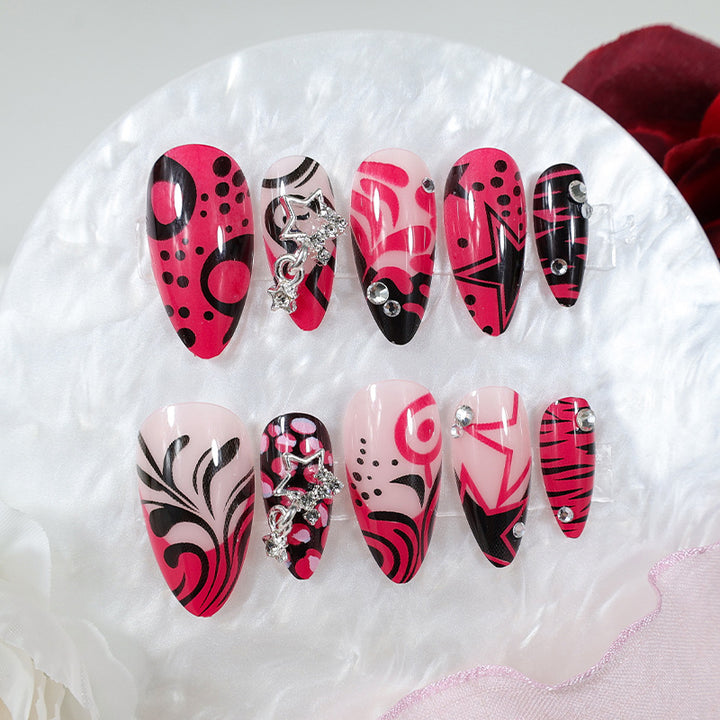 Nail art set with playful patterns and rhinestone embellishments Kalsten