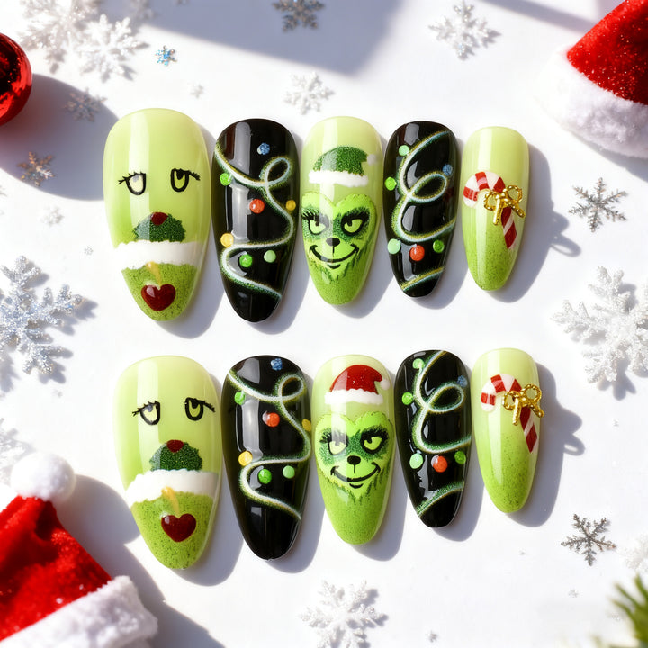 Festive Grinch-Themed Press-On Nail Art Set Kalsten