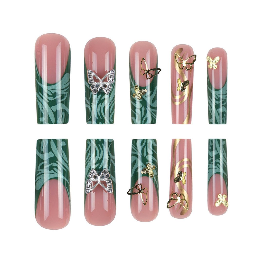 Artistic Long Press-On Nail Set with Butterfly and Gold Accents Kalsten