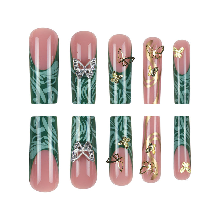 Artistic Long Press-On Nail Set with Butterfly and Gold Accents Kalsten
