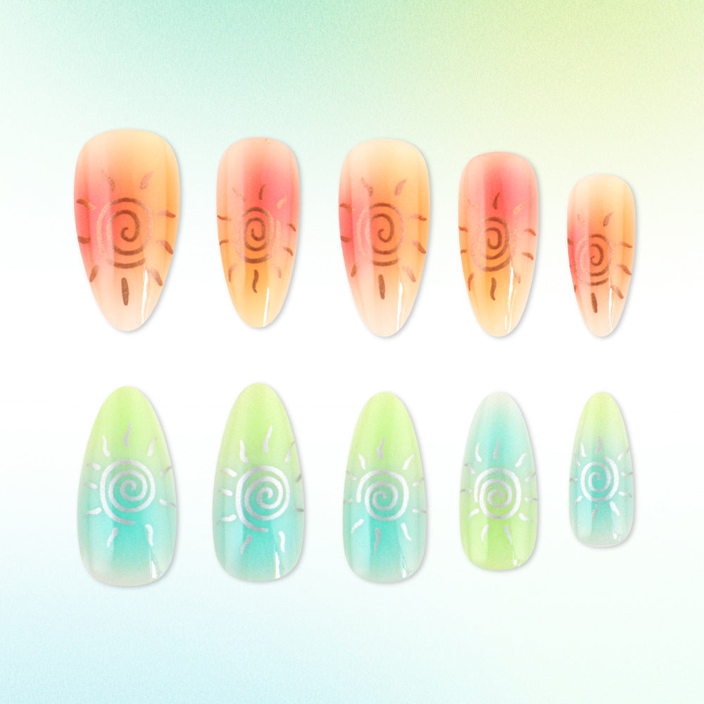 Artistic Press-On Nail Set Featuring Sun Designs Kalsten