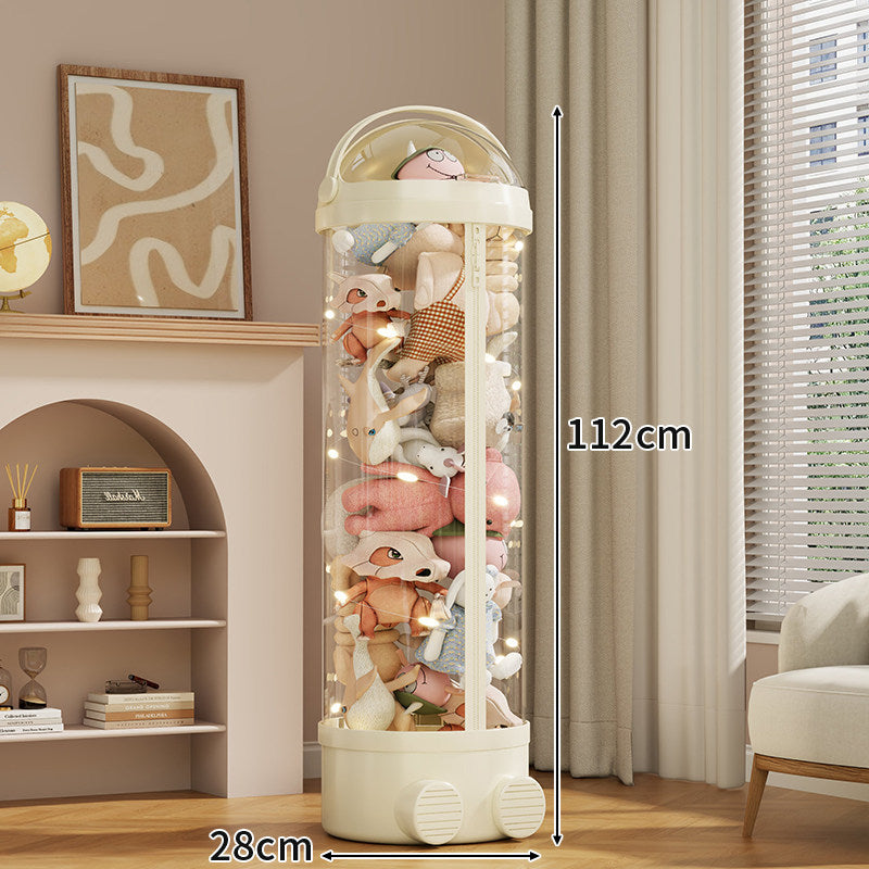Tall Cylindrical Toy and Plush Storage Organizer with Clear Zip Cover and Rolling Vent Base