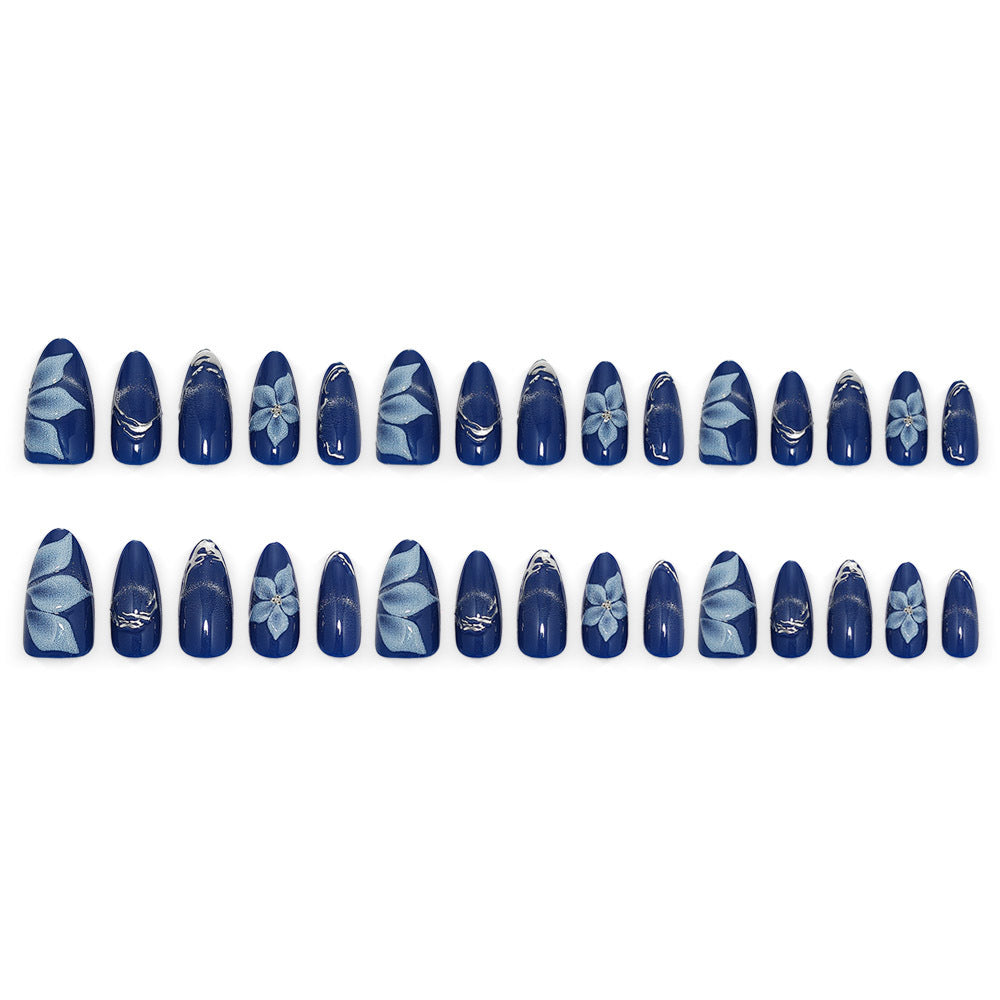Acrylic Nail Set with Elegant Blue Ombre and Floral Design Kalsten