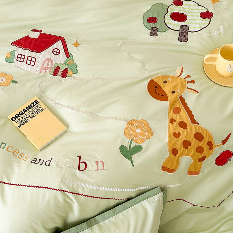 Child bedding set with applied safari giraffe, apple tree motif and fine embroidery