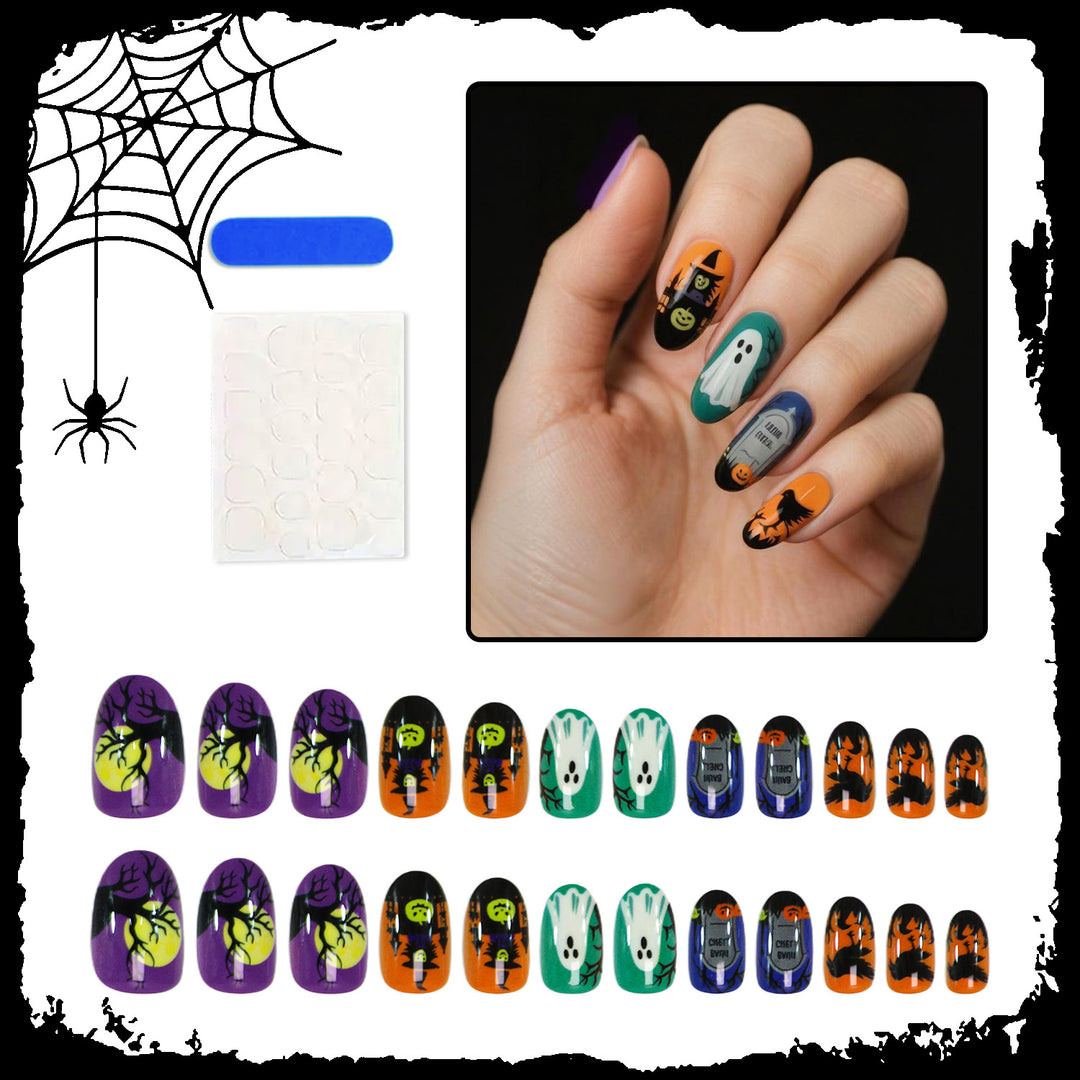 Halloween Artificial Nail Set with Spooky Ghost, Pumpkin, and Spider Pattern Kalsten