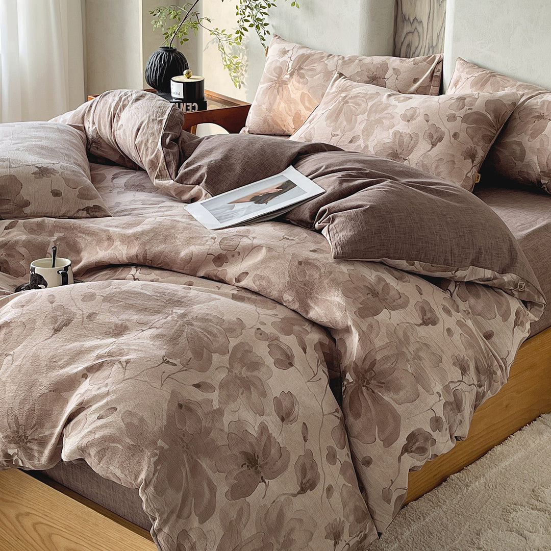 Floral Butterfly Duvet Cover Set With Brushed Cotton‑Blend Linen Texture And Corner Tie Pillowcase Ensemble