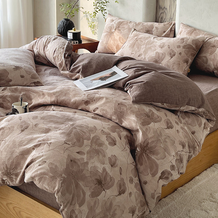 Floral Butterfly Duvet Cover Set With Brushed Cotton‑Blend Linen Texture And Corner Tie Pillowcase Ensemble