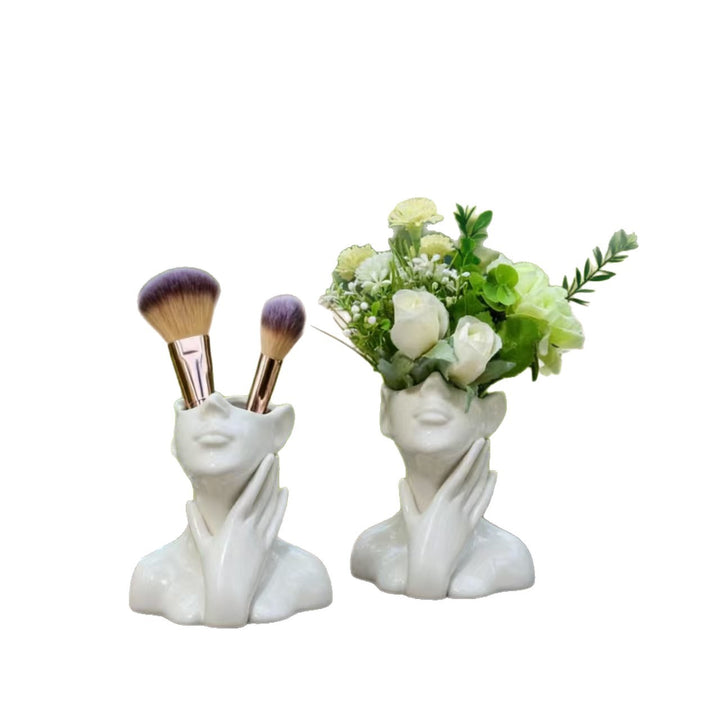 Sculptural Ceramic Face Vase And Makeup Brush Holder Set
