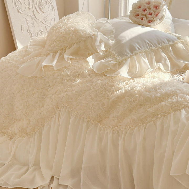 Romantic luxury bedding set with ruffles, rose appliqué, and frill