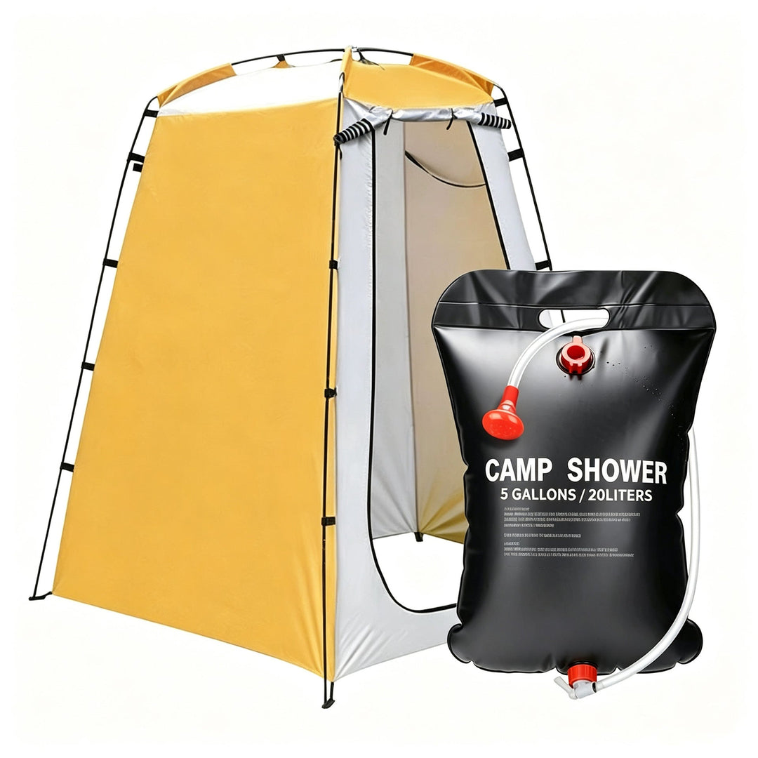 Portable camping shower privacy tent with five gallon solar shower bag and pop up foldable pole system Kalsten