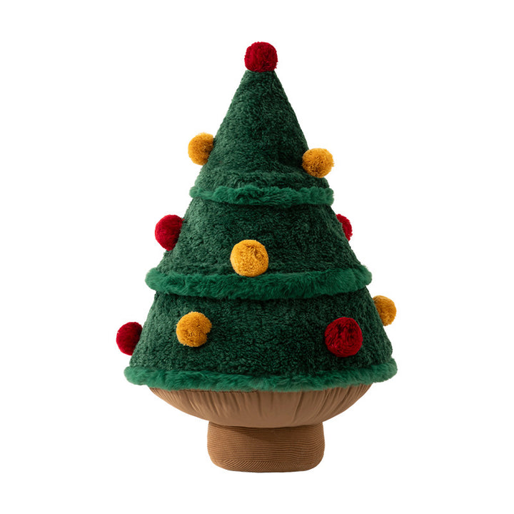 Decorative Christmas tree cuddle pillow with pompom appliqués
