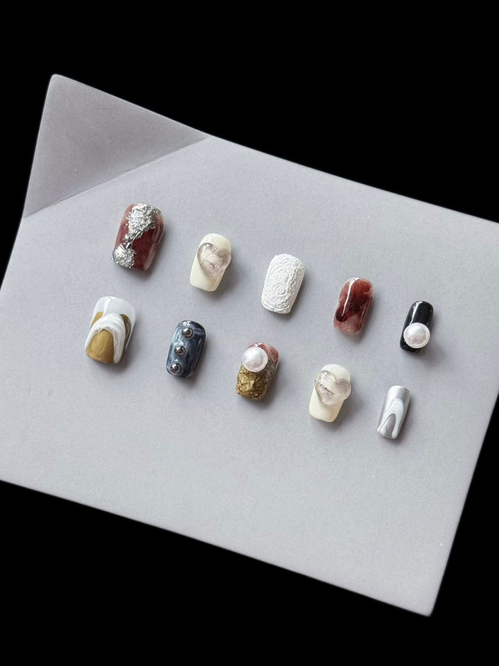 Artistic Press-On Nail Set with Unique Abstract Designs  1791774457