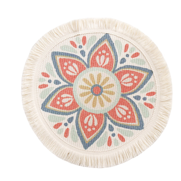 Beef flat-woven floor rug in Boho-Mandala design with cotton fringes
