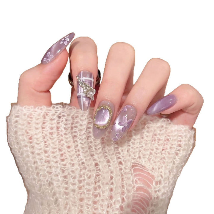 Artistic Press-On Nail Set with Floral Accents Kalsten