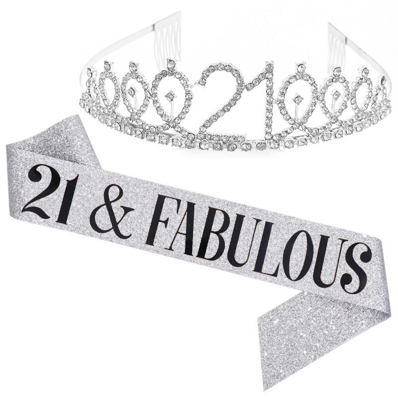 Girl Glittering Birthday Crown and Sash Set Kalsten