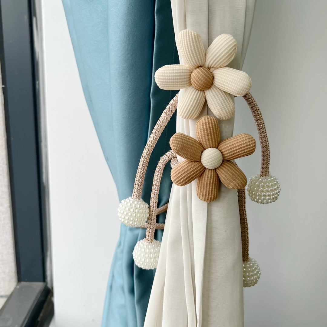 Decorative Magnetic Curtain Tieback with Fabric Flower and Pearl Bead Tassels