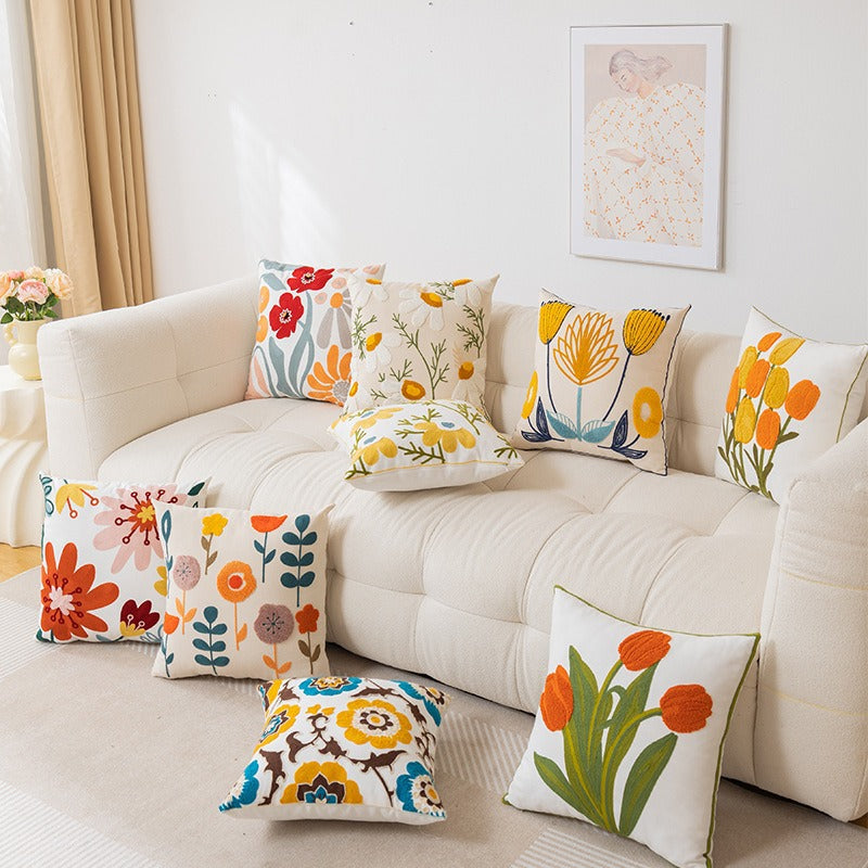 Embroidered Floral Cotton-Linen Square Throw Pillow Cover with Hidden Zipper and Textured Appliqué
