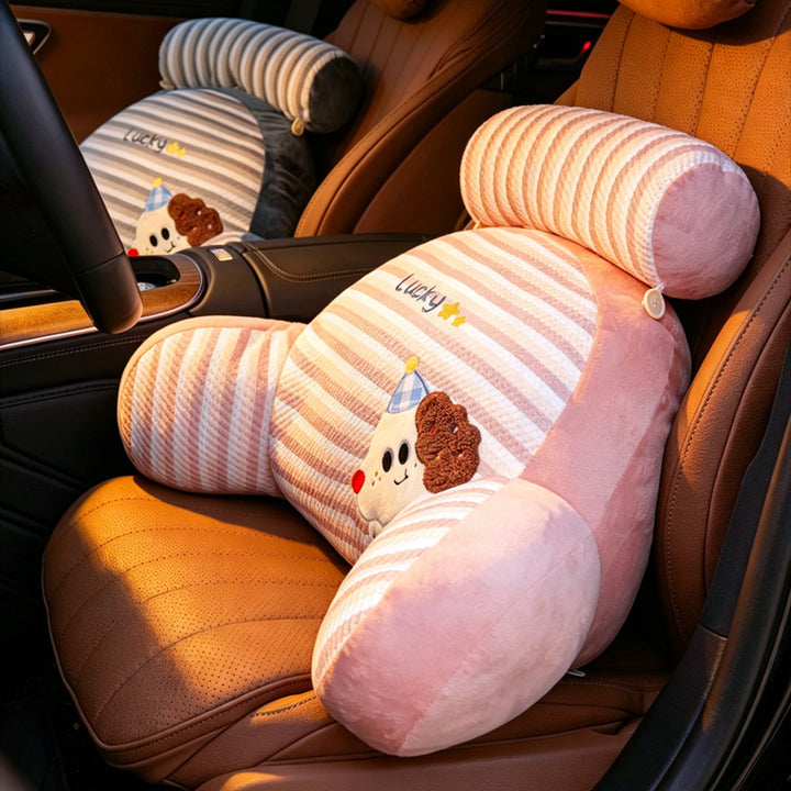 Ergonomic bed and reading pillow with neck roll, armrests and embroidered dog motif
