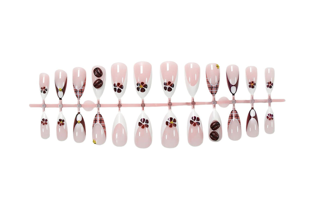 Art nail set with elegant coffee and flower motif Kalsten