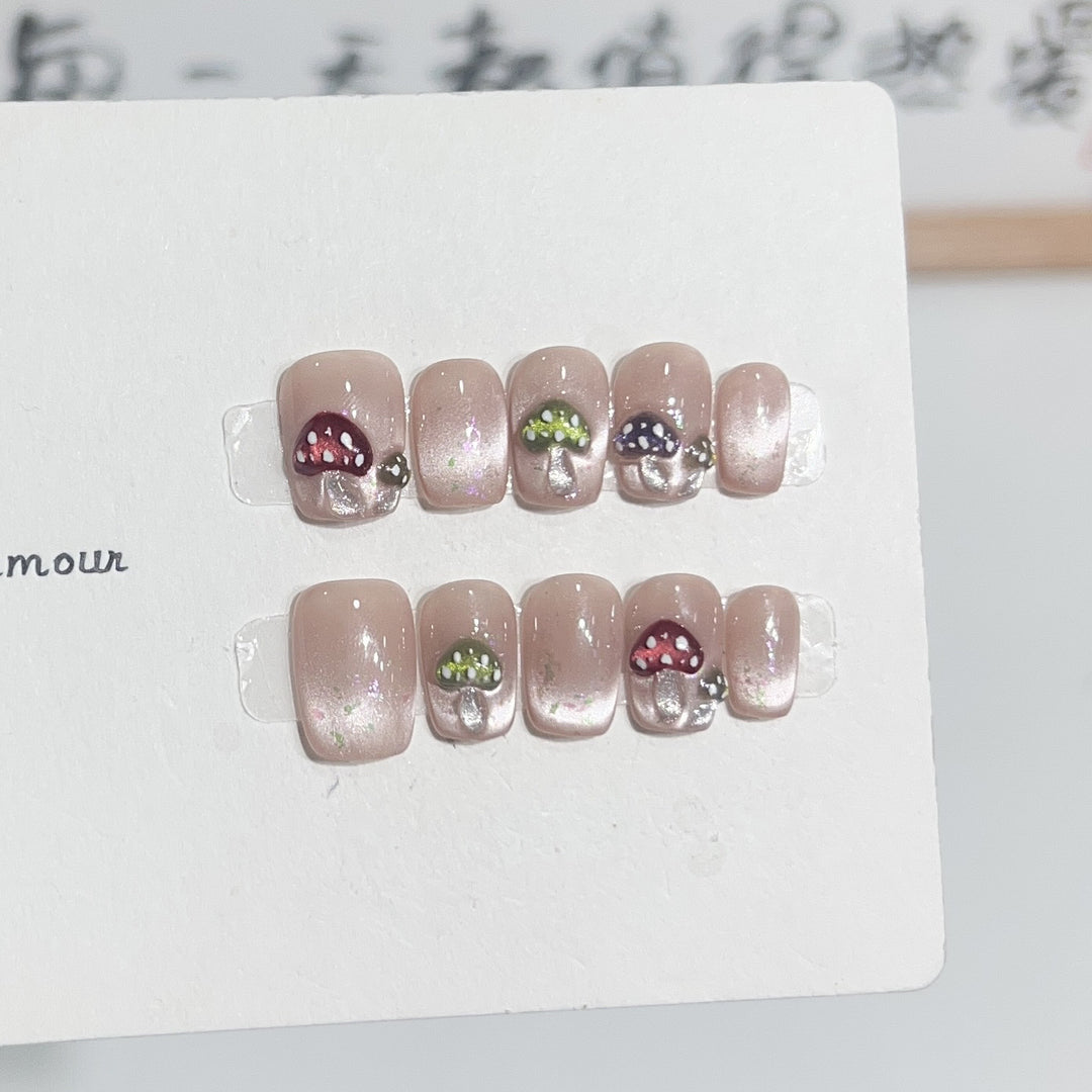 Artistic Press-On Nail Set with Playful Mushroom Designs Kalsten