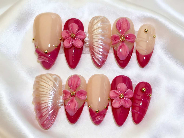 Artistic Press-On Nail Set with Floral and Green Accents