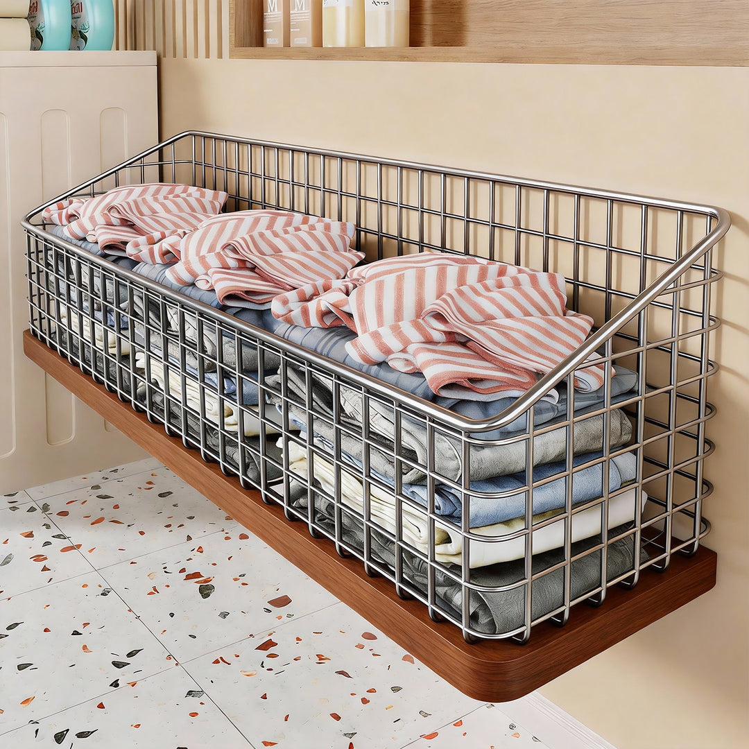 Wall-Mounted Wire Mesh Laundry Storage Basket with Slanted Open Top