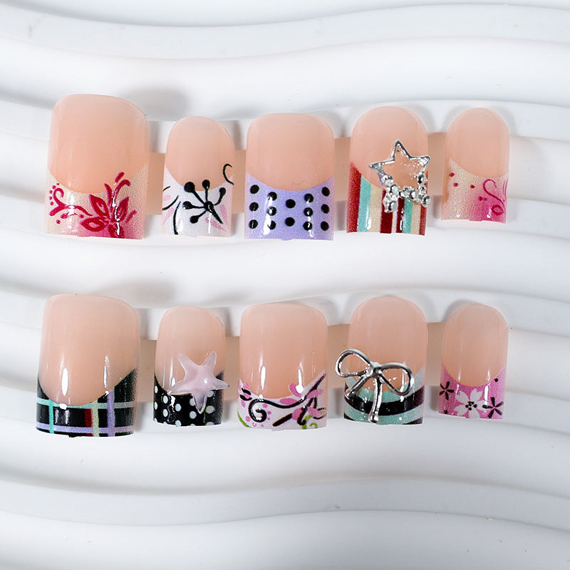 Acrylic Nail Set with Playful Bows and Patterns Kalsten