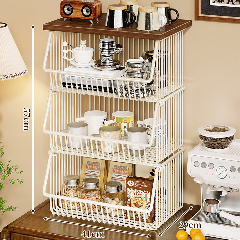 Mobile Four-Tier Kitchen Pantry Organizer Cart with Wood Top and Rolling Wire Baskets
