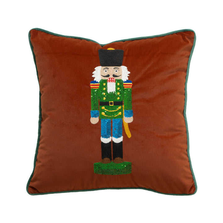 Christmas decorative pillow with nutcracker embroidery and piping edge