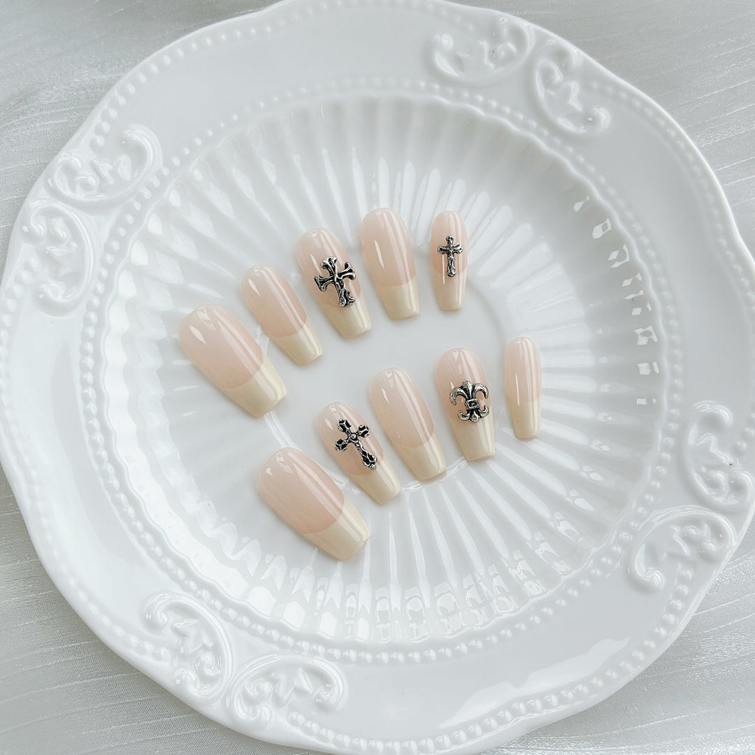 Artisanal Press-On Nails with Cross and Fleur-de-Lis Design