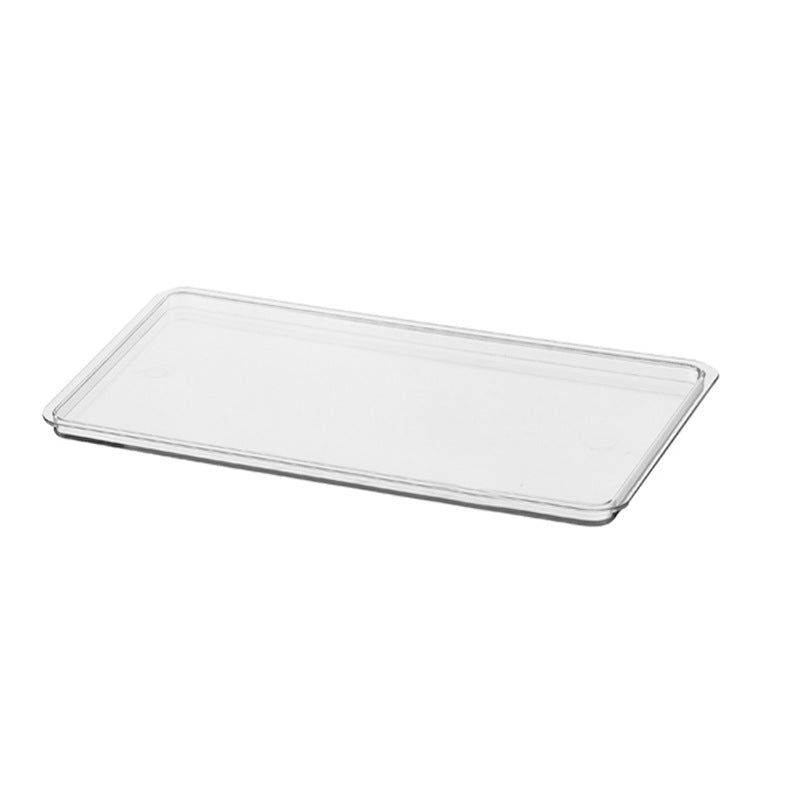 Flat transparent acrylic storage lid with sealing lip and elevated stand feet