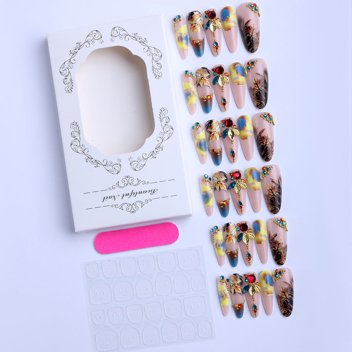 Artificial nails with luxurious 3D decorations and colorful leaf patterns Kalsten