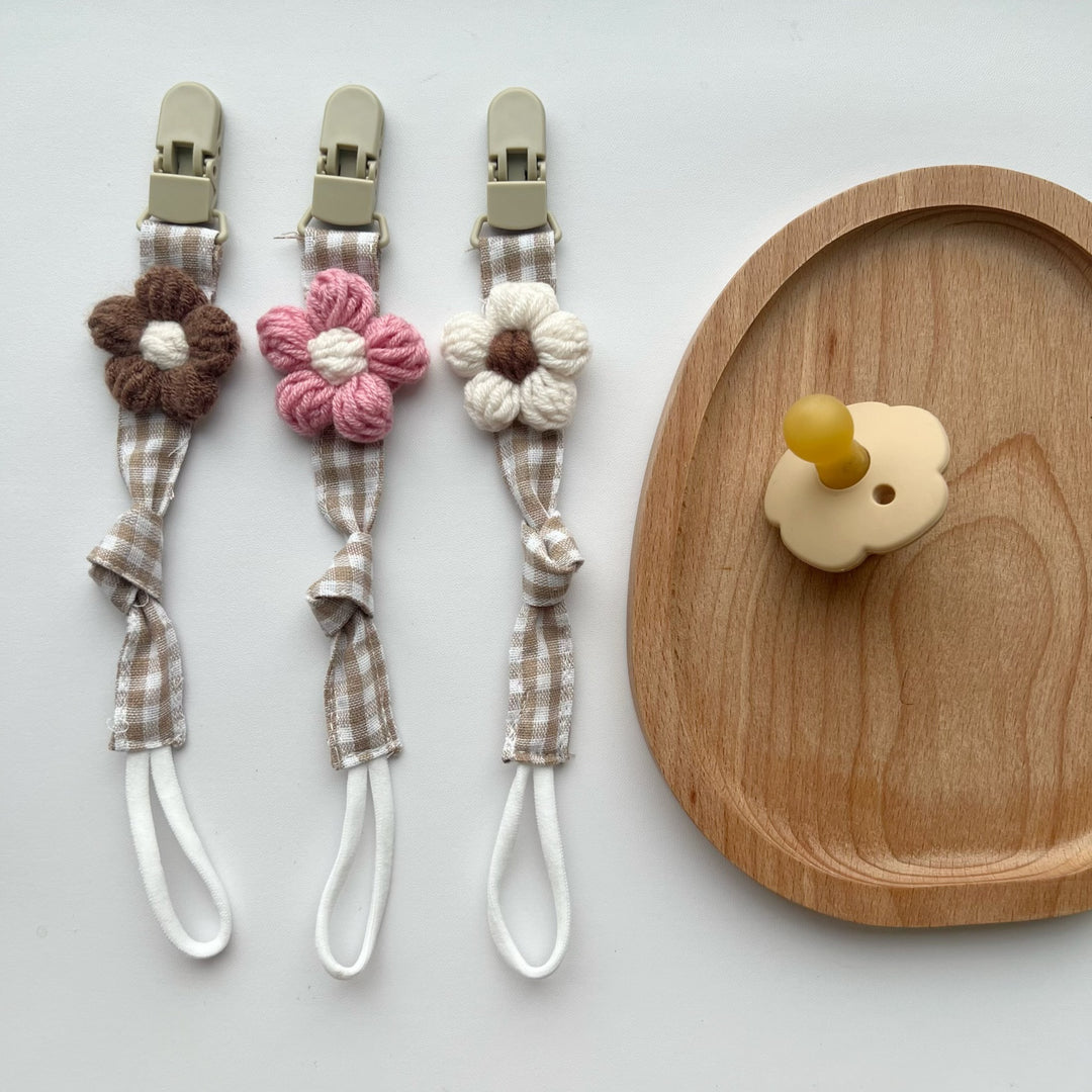 Floral Knit Pacifier Clip with Gingham Cotton Strap