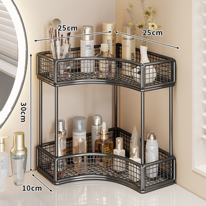 Curved Corner Triple-Tier Metal Mesh Vanity and Countertop Organizer