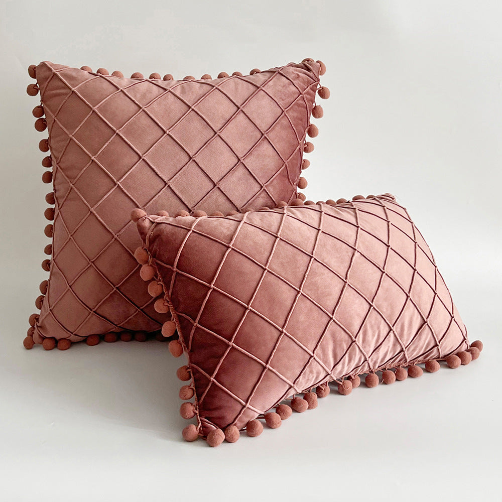 Decorative Velvet Pom-Pom Grid Tufted Throw Pillow Cover