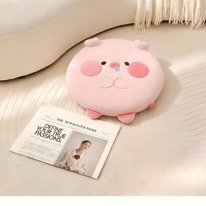 Round plush floor cushion with a cute pig face and extra soft filling