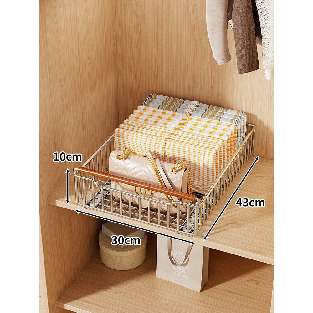 Pull-Out Sliding Closet Basket Organizer with Wooden Front