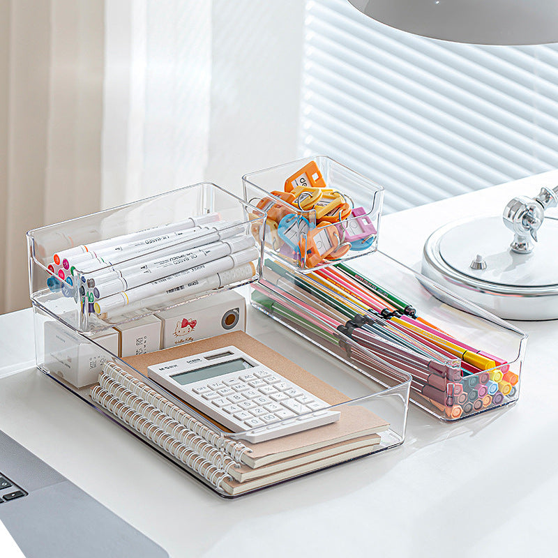Transparent storage box for refrigerator and cupboard with narrow front opening and anti-slip nubs