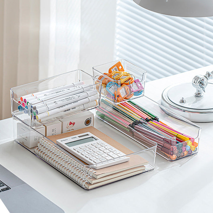 Transparent storage box for refrigerator and cupboard with narrow front opening and anti-slip nubs